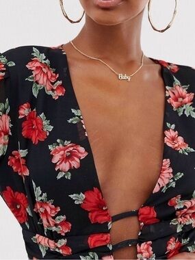 Lioness Black Floral Plunge Dress with Red & Pink Blooms